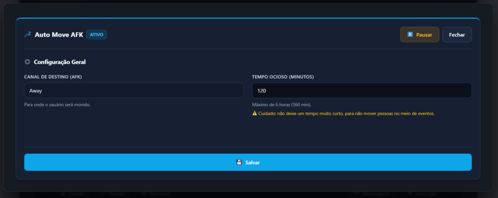 Configuração do sistema Auto Move AFK no painel NeoTS para mover automaticamente usuários inativos no servidor de TeamSpeak.