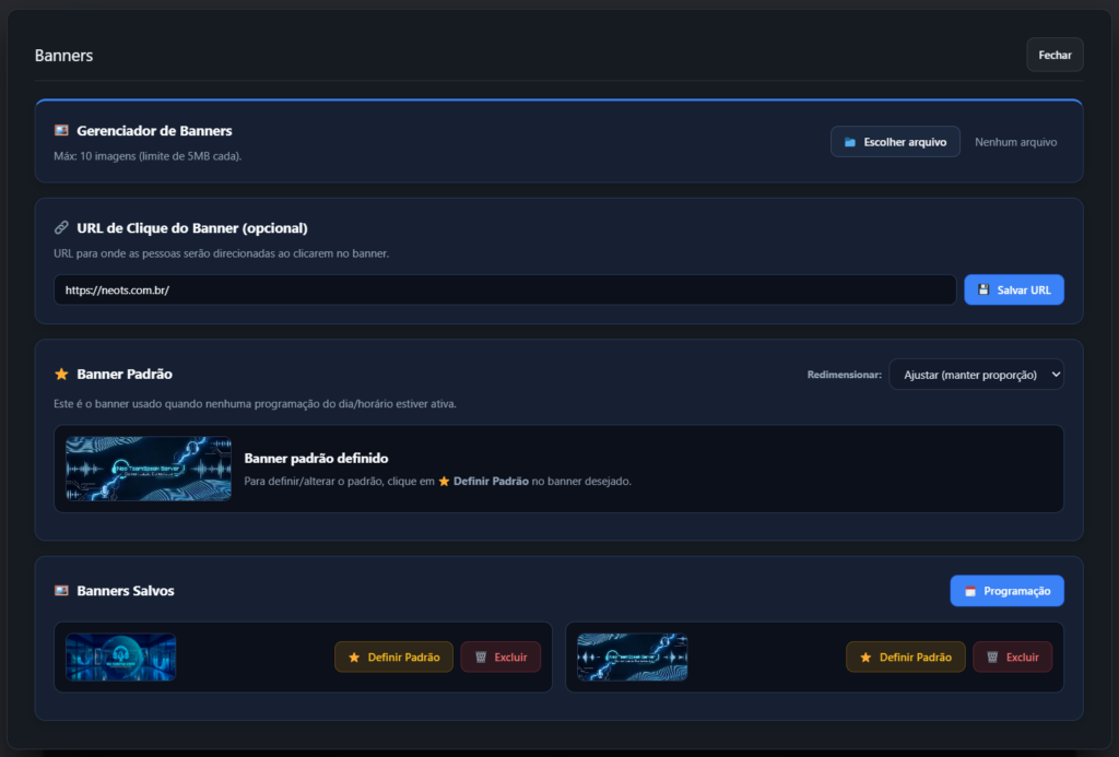 Interface do gerenciador de banners NeoTS para TeamSpeak 3, permitindo upload de imagens, links personalizados e programação automática.