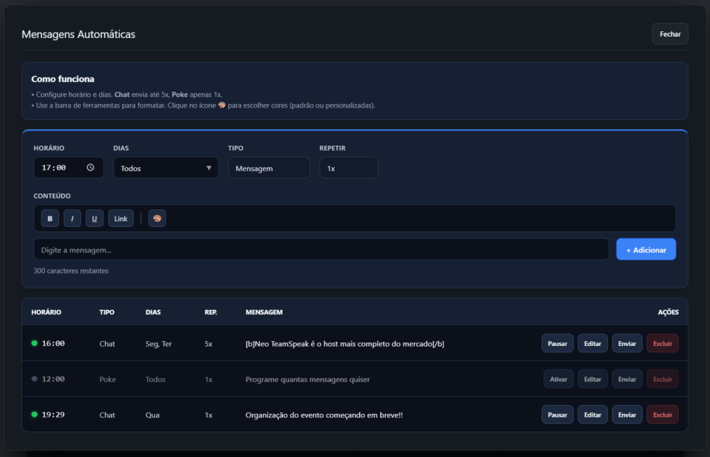 Sistema de agendamento de mensagens automáticas e pokes no painel NeoTS para avisos e regras em servidores de TeamSpeak.