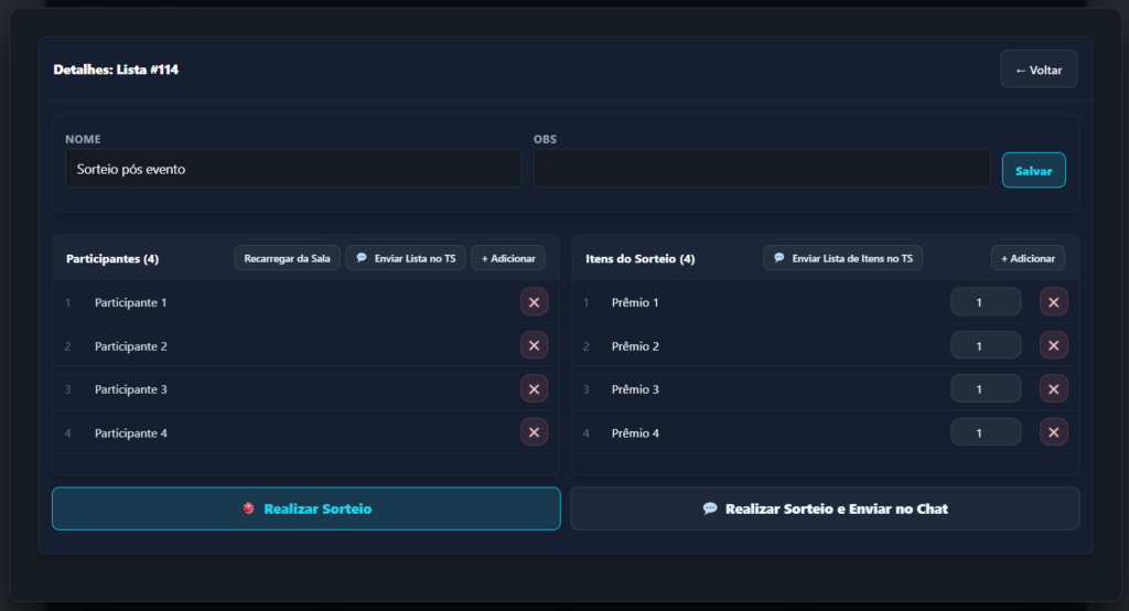 Ferramenta de sorteios integrados do painel NeoTS para TeamSpeak, com lista de participantes e definição de prêmios customizáveis.