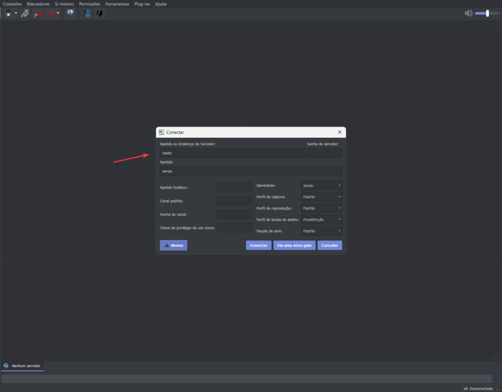 Janela de conexão do cliente TeamSpeak 3, ilustrando como utilizar o Server Nickname criado no campo 'Server Address' para conectar sem usar IP.