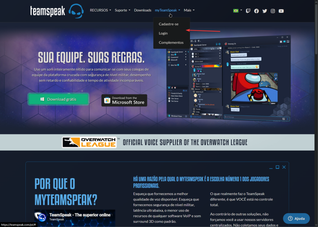 Página inicial do portal myTeamSpeak com destaque para o botão de Login, ponto de partida para configurar o Server Nickname.