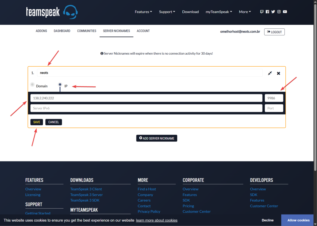 Janela 'Add Server Nickname' no portal myTeamSpeak, com campos para preencher o apelido desejado (Server Nickname) e o endereço (Domain/IP) do servidor TeamSpeak 3.